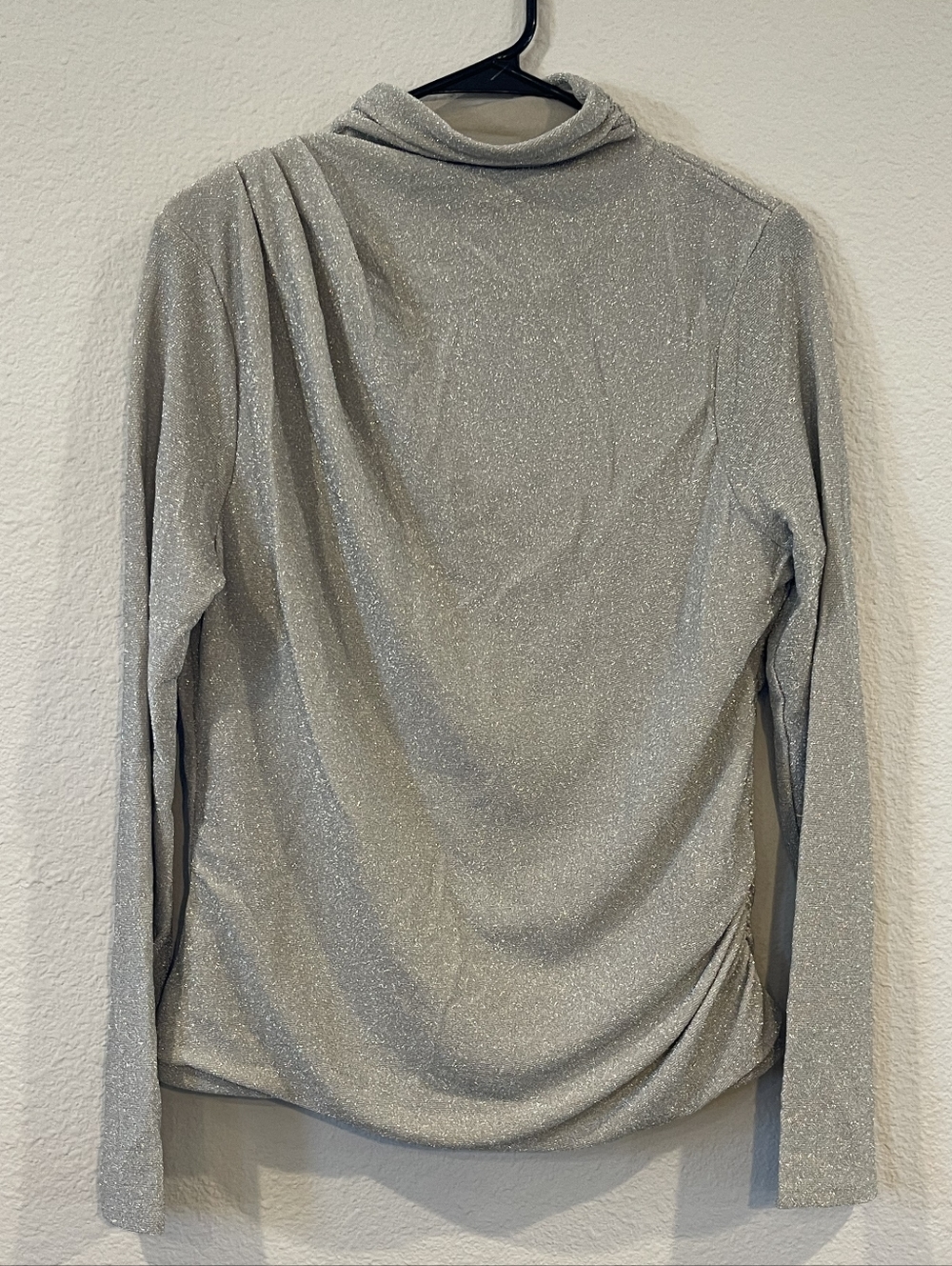 NWT White House Black Market Womens Silver Metallic Sparkle Mock Neck Shirt LG